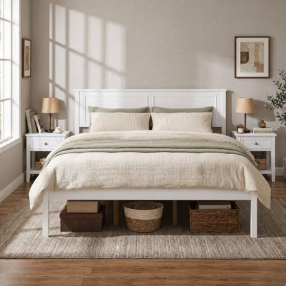 Queen Size Bed Frame, Farmhouse Wooden Platform Bed with Headboard