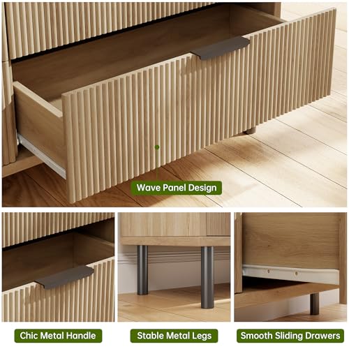 Fluted 5-Drawer Dresser with Metal Legs, Oak