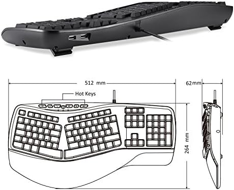 Perixx PERIBOARD-312 Ergonomic Backlit Keyboard - Wired USB with 2 Hubs - Natural Split Design - White LED - Black