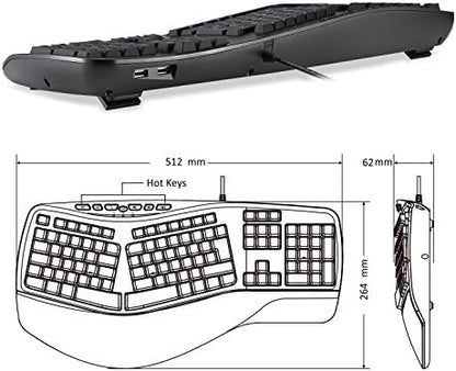 Perixx PERIBOARD-312 Ergonomic Backlit Keyboard - Wired USB with 2 Hubs - Natural Split Design - White LED - Black