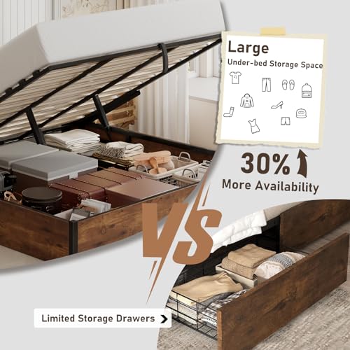 King Size Bed Frame with Lift Up Storage, Rustic Brown