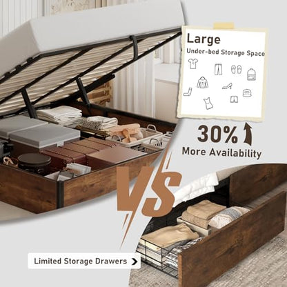 King Size Bed Frame with Lift Up Storage, Rustic Brown