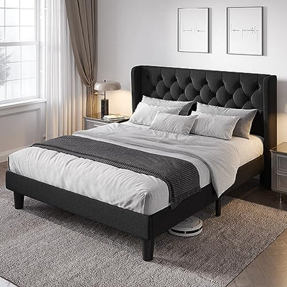Queen Size Bed Frame with Button Tufted Wingback Headboard, Black
