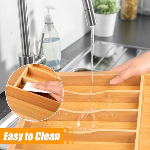 Bellsal Large Premium Bamboo Silverware Organizer - Expandable Utensil Drawer Organizer - 17"x19.6" Utensil Holder and Cutlery Tray with Grooved for Kitchen Flatware and Utensils