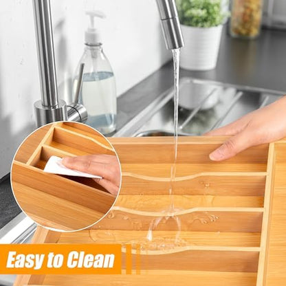 Bellsal Large Premium Bamboo Silverware Organizer - Expandable Utensil Drawer Organizer - 17"x19.6" Utensil Holder and Cutlery Tray with Grooved for Kitchen Flatware and Utensils