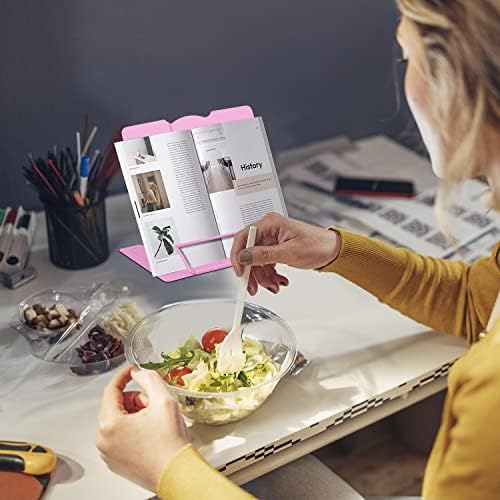 Honagu Book Stand Metal Desk Book Holder, Book Holders for Reading Hands Free, Adjustable Cookbook Documents Holder, Portable Bookstand for Music Books, Textbook, Recipe, Tablet, Ipad (Pink)