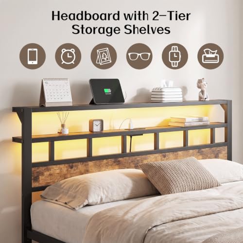 King Bed Frame with Charging Station and LED, Metal Platform Bed