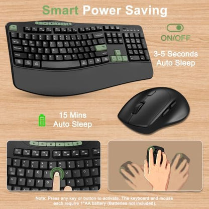 Wireless Keyboard and Mouse Combo, 2.4G Ergonomic Wave Keys(AvocadoGreen)