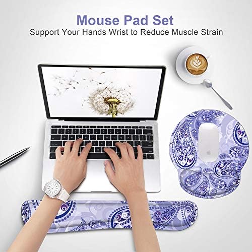 Keyboard Wrist Rest Pad and Mouse pad with Wrist Rest Support Set, Non Slip Base Wrist Support Mousepads with Ergonomic Comfy Gel Memory Foam for Home Office Efficient Working（Purple Paisley)