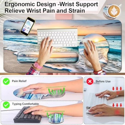 4 in 1 Mouse Pad Set with Wrist Rest for Keyboard,Desk Mat,Coaster-Beach