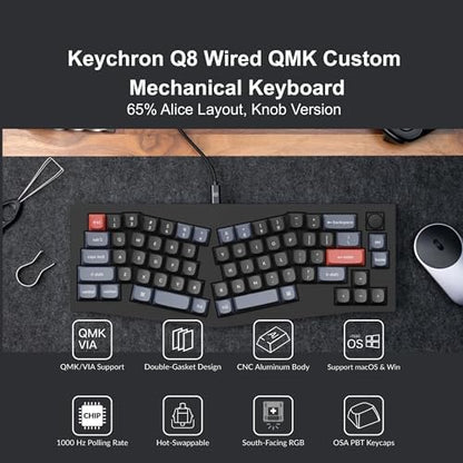 Keychron Q8 Wired Custom Mechanical Keyboard with Knob, 65% Alice Layout QMK/VIA Programmable, Hot-swappable Gateron G Pro Red Switch, Double Gasket Compatible with Mac Windows Linux (Black)