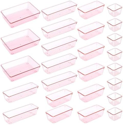 25pcs Pink Plastic Drawer Organizer Set, Clear Stackable Drawer Organizer,Kitchen Drawers Dividers for Bathroom, Office, Kitchen Cabinets and Dressing Tables