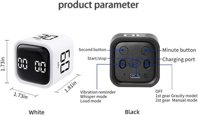 Digital Cube Pomodoro Timer Desk Rechargeable Productivity Timer 5/10/30/60min & Custom Countdown, Vibration & Adjustable Sound Alarm,for Task Work Kitchen ADHD Kids Studying (Black)
