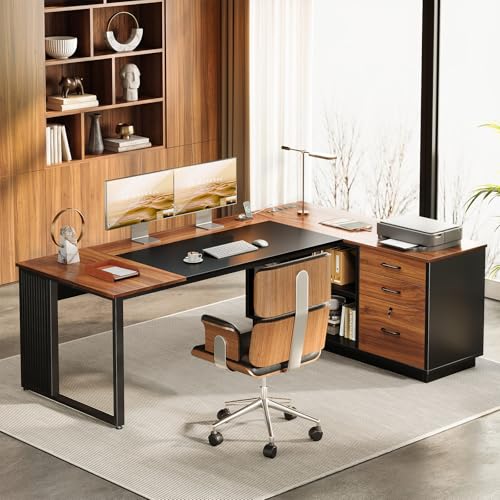 71 Inch L Shaped Executive Desk with Storage, Walnut+ Black