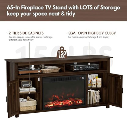 Farmhouse Fireplace TV Stand for Television up to 65+ Inch, Walnut