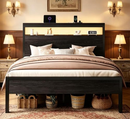 Queen Bed Frame, 2-Tier Storage Headboard, LED, Charging Station
