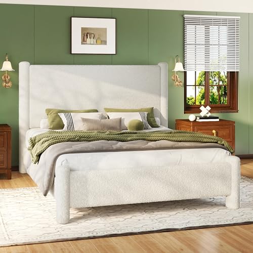Boucle Cloud Upholstered Bed Frame with Cylinder Headboard, Modern Platform Structure, Sherpa Boucle Soft Design, No Box Spring Needed (White, Full)