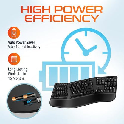 Delton Wireless Ergonomic Keyboard, 2.4G USB Dongle Full-Size Keyboard