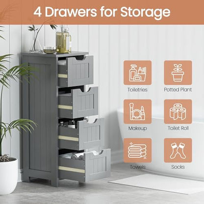 Bathroom Floor Storage Cabinet, Freestanding Wooden Side Organizer w/4 Drawers & Anti-Tip Kit for Bathroom Living Room Hallway Office Study, Grey