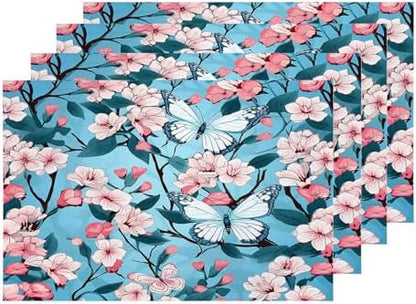 Shrahala Flowers Butterflies Set of 4 12 X 18 Inch Linen Placemats, Beautiful Floral Butterfly Burlap Table Mat Washable Double Layered Heat Insulation for Indoor/Outdoor