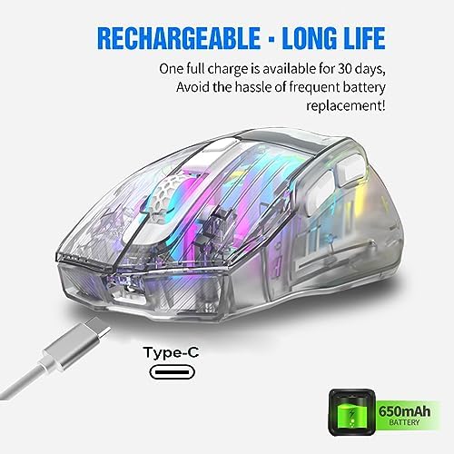 HXMJ-Wireless Gaming Mice with Transparent Crystal Shell,Tri-Modes (USB Wired+2.4G Wireless+Bluetooth),Silent Click,RGB Backlit-White