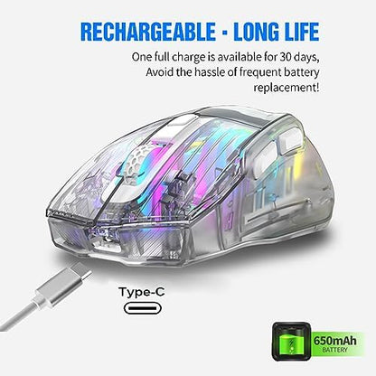 HXMJ-Wireless Gaming Mice with Transparent Crystal Shell,Tri-Modes (USB Wired+2.4G Wireless+Bluetooth),Silent Click,RGB Backlit-White