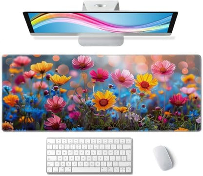 Floral Desk Mat Pink Yellow Blue Aesthetic Desk Pad Flower Plant Extended Mouse Pad Large Gaming Mousepad XL Laptop Computer Mouse Keyboard Mat 31.5 x 11.8 in for Office Desk Decor