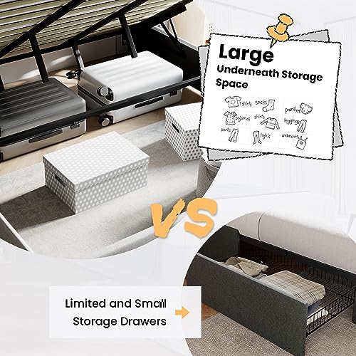 Queen Size Lift Up Hydraulic Storage Bed Frame Light Beige