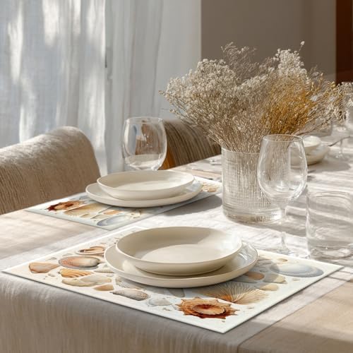 Shrahala Seashells Starfish Set of 8 12 X 18 Inch Linen Placemats, Beach Collection Burlap Table Mat Washable Double Layered Heat Insulation for Indoor/Outdoor