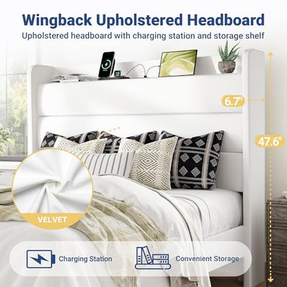 Queen Size Upholstered Bed Frame with Charging Station, White