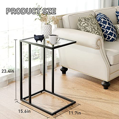 C Table Glass End Table, Couch Side Table, Tempered Glass Snack Side Table with Metal Frame, TV Tray Table for Small Space, Sofa Couch Side Tableand Bed Side Table(Black)