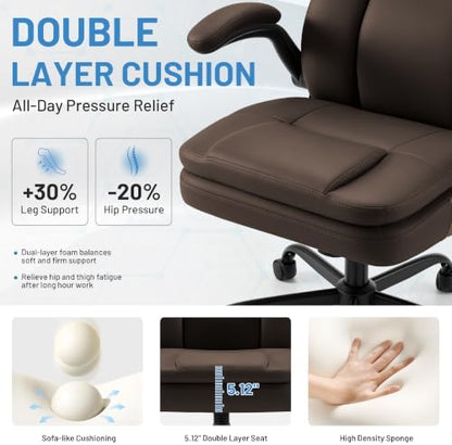 Ergonomic PU Leather Office Chair with Double-Layer Seat Cushion, Adjustable Armrest and Headrest, Reclining Backrest 360° Swivel Rolling Computer Desk Chair for Home Office Gaming Space, Brown