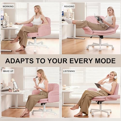 Misolant Fabric Criss Cross Chair with Armrests & Wheels for Cross-Legged Sitting, Comfortable Vanity Chair, Office Desk Chairs with Adjustable Rocking Function, for Home, Bedroom Pink