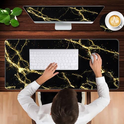Keyboard Wrist Rest and Mouse Pad with Wrist Support Set Ergonomic Coaster,Memory Foam,Easy Typing Pain Relief,Large XL Desk Mat 31.5"x 11.8",Black Marble