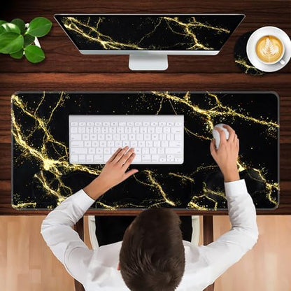 Keyboard Wrist Rest and Mouse Pad with Wrist Support Set Ergonomic Coaster,Memory Foam,Easy Typing Pain Relief,Large XL Desk Mat 31.5"x 11.8",Black Marble