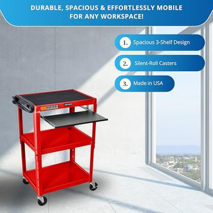 Classroom Basics UCMT1KB-RD, Adjustable-Height Steel Utility Cart w/Keyboard Tray, Powered Rolling Tech Cart, Red