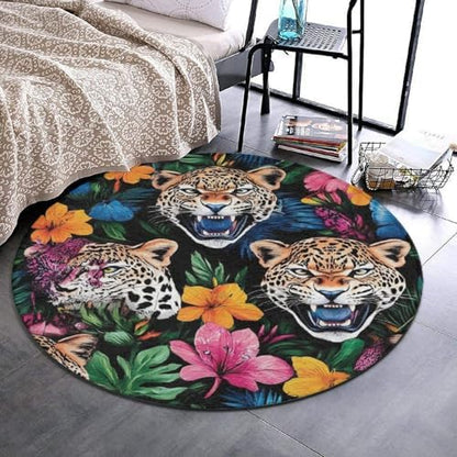 Home Decor Non Slip Kitchen Office Circle Rug, Machine Washable Modern Round Area Rug, Room Sofa Yoga Soft Round Carpet Jungle Florals Cheetah Leopard Print, 24inch