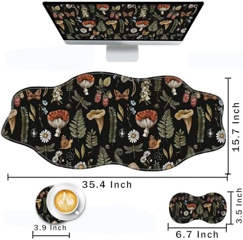 Mouse Pad with Wrist Support + Desk Mat + Coaster 3 in 1 Set, XXL Large Gaming Mousepad Ergonomic Mouse Pads for Desk Computer Laptop Office,Magic Mushrooms
