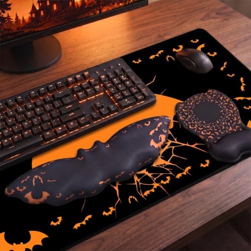 Gaming Mouse Pad XXL with Ergonomic Wrist Support Set, Bat-Themed Desk Mat&Keyboard Wrist Rest&Mouse Pad Wrist Support, Non-Slip Base Pad Set for Home, Office, PC & Laptop（bat Groups）