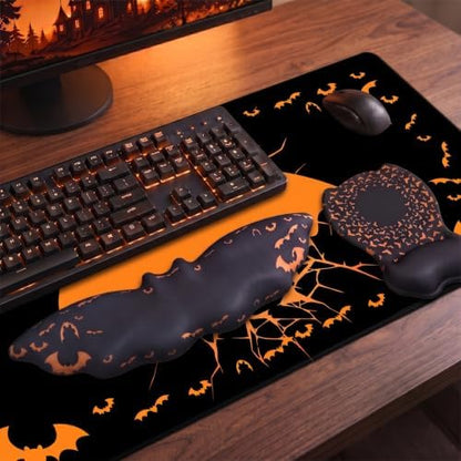 Gaming Mouse Pad XXL with Ergonomic Wrist Support Set, Bat-Themed Desk Mat&Keyboard Wrist Rest&Mouse Pad Wrist Support, Non-Slip Base Pad Set for Home, Office, PC & Laptop（bat Groups）