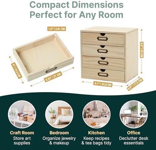 DIY Wooden Desk Organizer with Drawers – Unfinished 4-Drawer Desktop Storage Box – Personalizable Wood Desk Organizer for Crafts, Office, or Home – Compact Wooden Storage Drawers Ready to Decorate