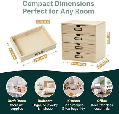 DIY Wooden Desk Organizer with Drawers – Unfinished 4-Drawer Desktop Storage Box – Personalizable Wood Desk Organizer for Crafts, Office, or Home – Compact Wooden Storage Drawers Ready to Decorate