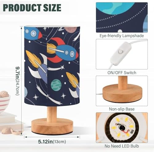 Bedside Lamp Space Cute Rockets Planets Table Lamp for Bedroom LED Nightstand Lamp Shade USB Ports Wood Base for Living Room Dorm Office