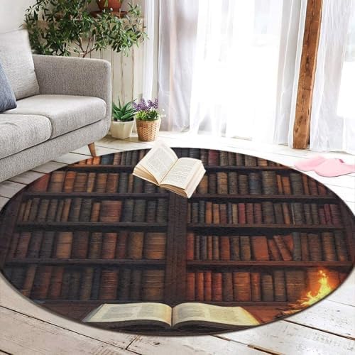 Soft Round Yoga Carpet, Office Chair Decor Round Mat for Carpet and Hardwood Floors Vintage Bookshelf Library Books