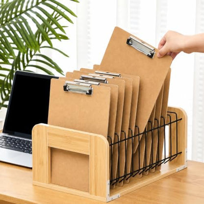 1 Pcs Vertical Clipboard Holder, 12Slot Clipboard Storage Rack, Bamboo Wood