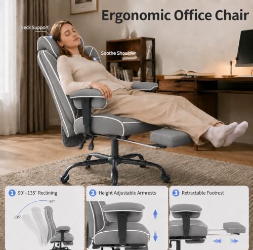 DJ·Wang Big and Tall Office Chair 400lbs, Executive Office Chair with Foot Rest Gray PU Leather