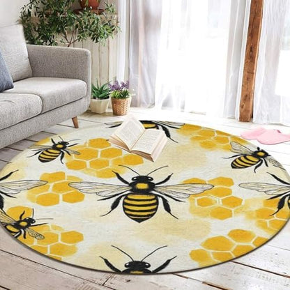 Large Machine Washable Circular Rugs, Home Decor Round Mat for Living Room Sofa Office Yellow Bee
