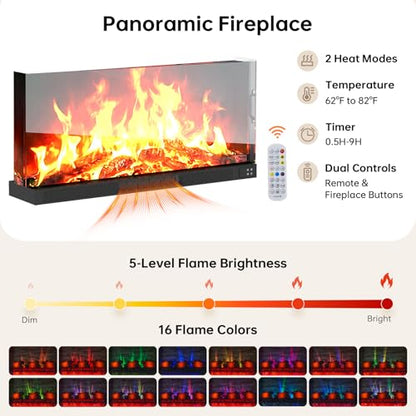 70" Fireplace TV Stand,3-Sided Glass Electric Fireplace, Black