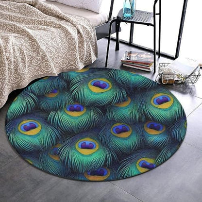 Large Home Decor Mat, Soft Round Yoga Carpet, Non Slip Machine Washable Home Office Circle Rug Peacock Feathers