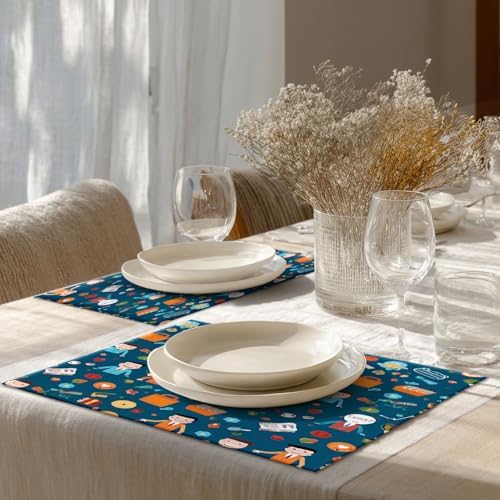 Shrahala Businessmen Items Work Set of 6 12 X 18 Inch Linen Placemats, Professional Office Illustration Burlap Table Mat Washable Double Layered Heat Insulation for Indoor/Outdoor